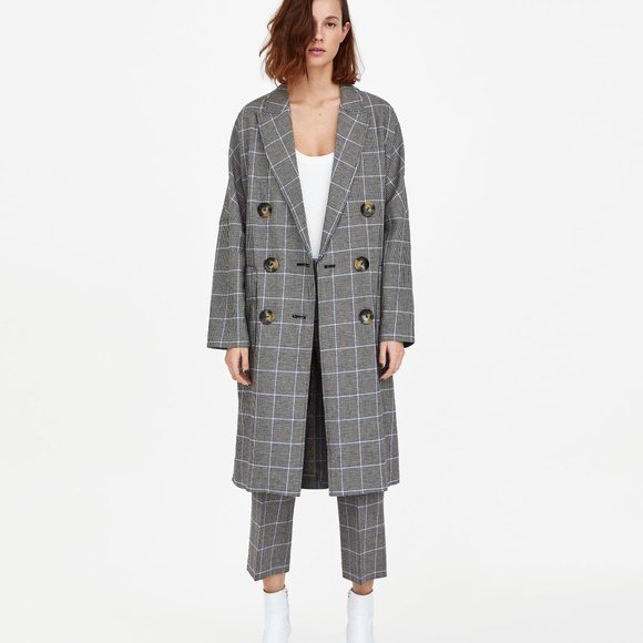 Zara Longline Check Houndstooth Plaid Double Breasted Coat NWT - Picture 4 of 6